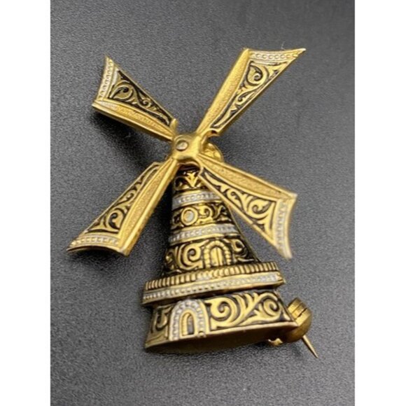 Damascene Jewelry - Vintage Windmill Brooch Moving Spins Gold Tone Black Signed SPAIN Whimsical